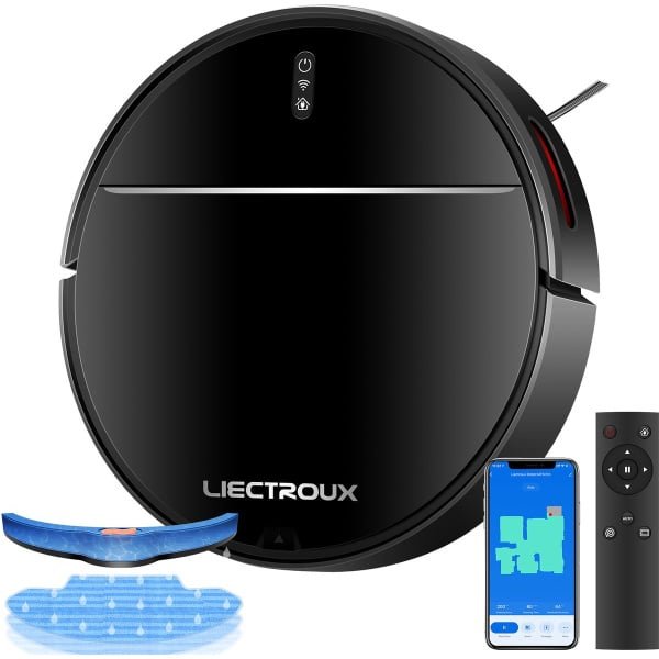 LIECTROUX M7S PRO - 2-in-1 Robotstofzuiger en Dweil - 4000Pa Sterke Zuigkracht - Slimme Gyroscopische Navigatie - Automatisch Hervatten - Geschikt voor Huisdieren & Tapijt - App & Alexa/Google - zwart