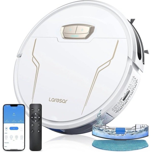 Trovado® Robotstofzuiger Met Dweilfunctie - Robot Stofzuiger - 5000Pa - Met App Besturing - Snoerloos - Huisdieren - Tapijt - Wit/Goud - Draadloos