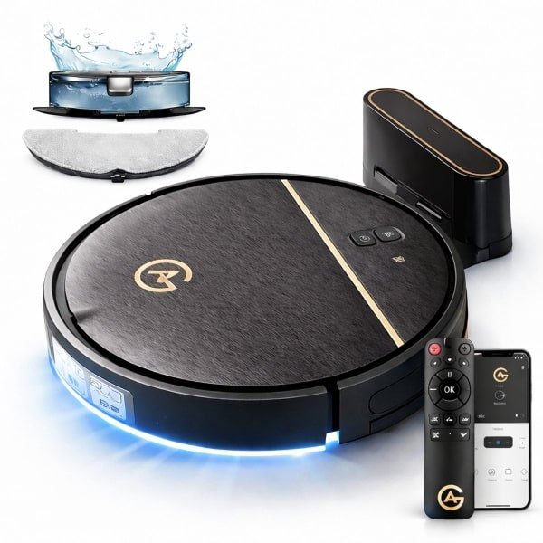 AG Robotstofzuiger met Dweilfunctie - 4500 Pa Zuigkracht - 120 minuten - Oplaadstation - App & Afstandsbediening - Ideaal voor Huisdierhaar, Harde Vloeren en Tapijt - Luxe 2-in-1 Dweilrobot - Gold Stripe Design - 2500 mAh - Black Gold Edition